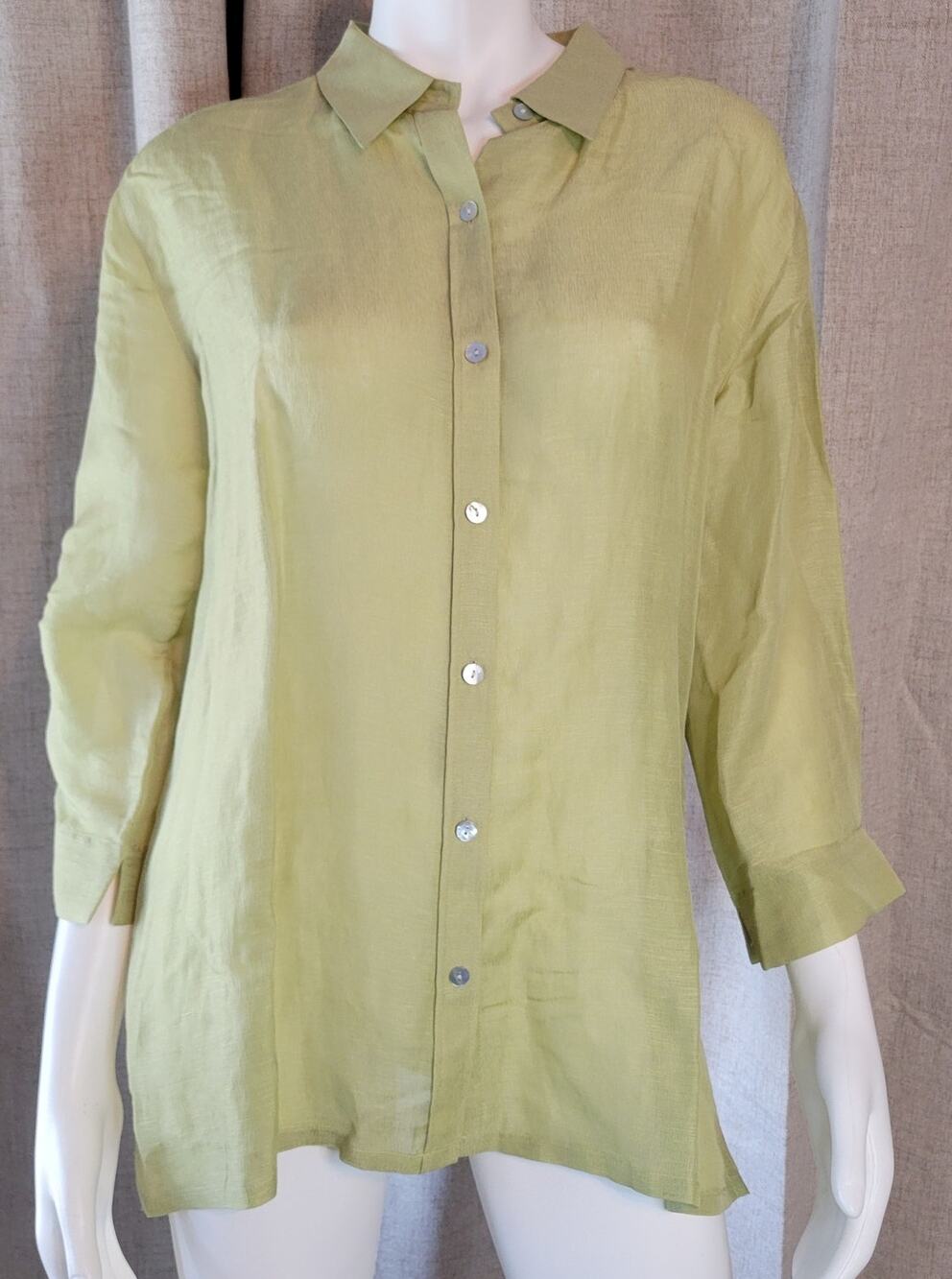 Chico's Shirt Women's 2 (US L) Green Linen Silk Button Down 3/4 Sleeve Sheer
